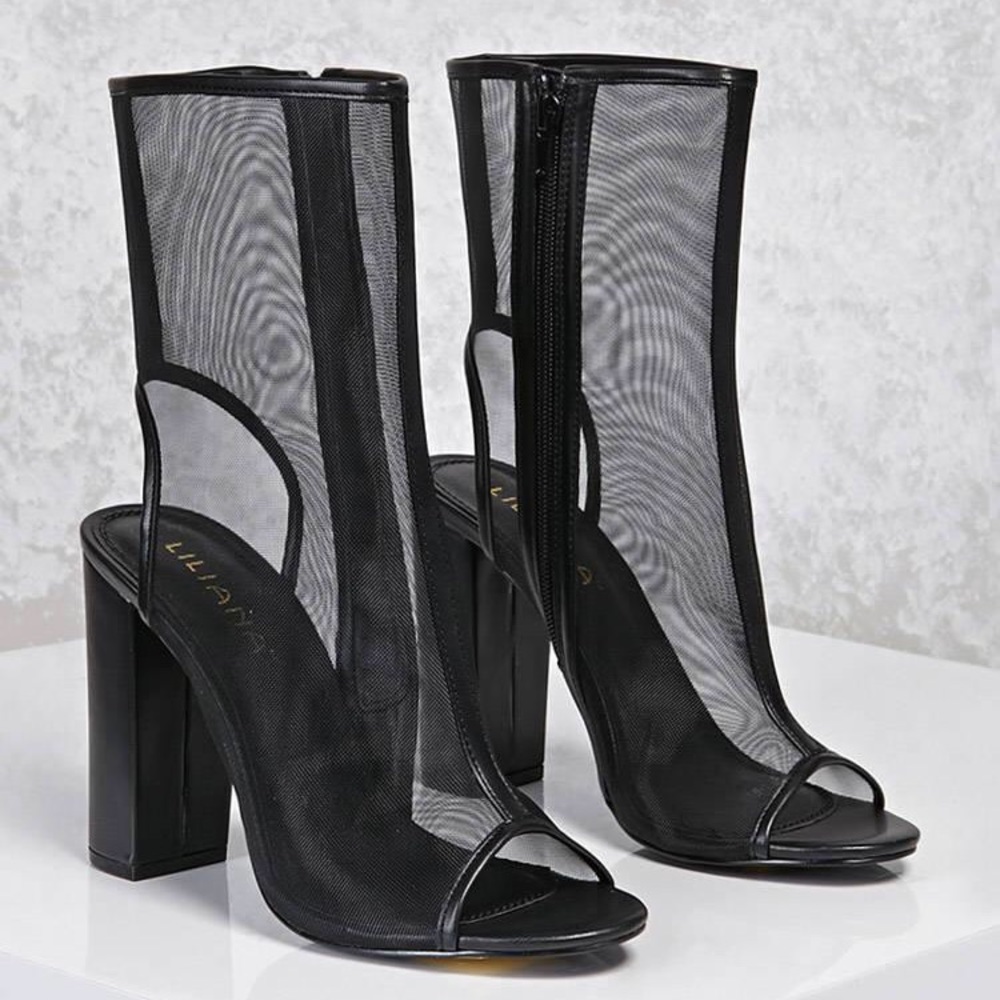 Very New Black Sheer Mesh Cutout Boots